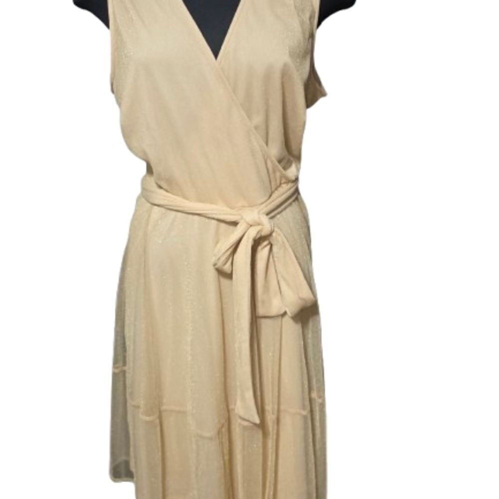Gold Glitter Lurex Surplice Tiered Dress | Sleeveless With Pockets Size 2 image 4